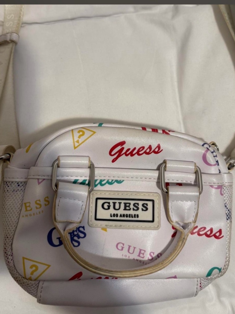 Guess White Mini Crossbody Bag with Multicolor Logo Print